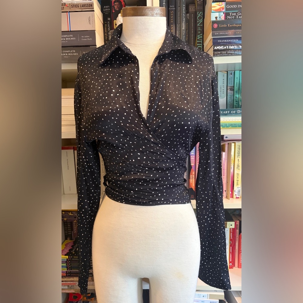 Rebecca Taylor Navy White Polka Dot Wrap Blouse Top Damaged
